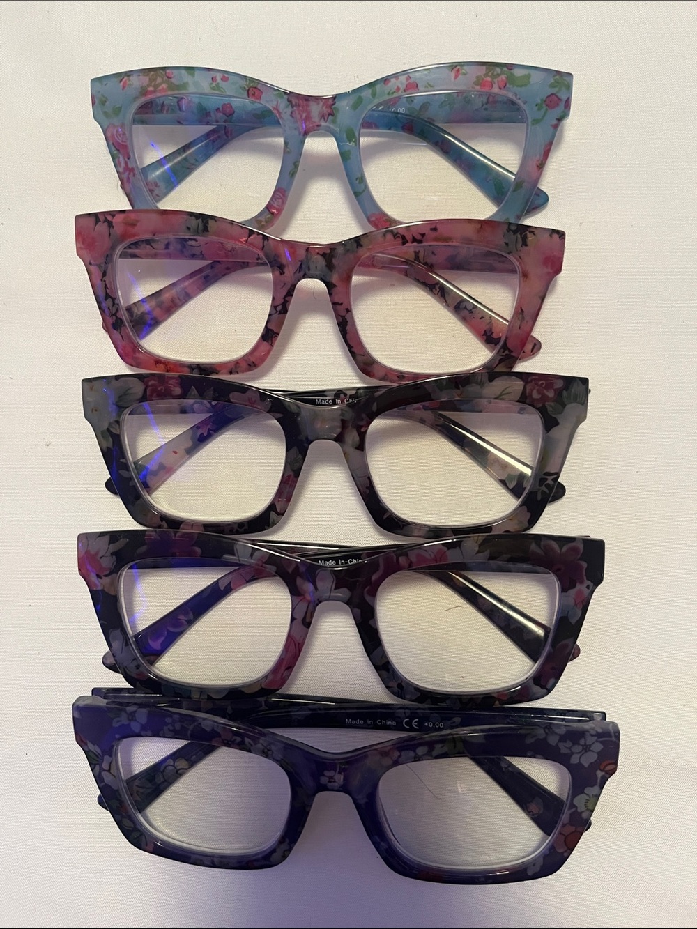 5 Pair Floral Cat-Eye Reading Glasses - Pink, Blue, Purple Options +0.00 NWOT